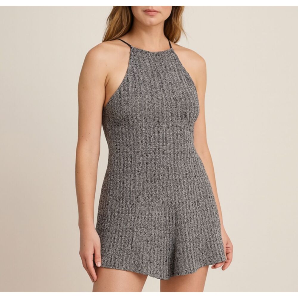 NBD Women’s Sleeveless Knit Romper Size S Halter Gray Black Thread